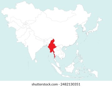 Highlighted red map of MYANMAR inside white detailed blank political map of Asia on blue background, without the Middle East and Russia