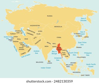 Highlighted red map of MYANMAR inside orange detailed tagged map of Asia using orthographic projection on blue background