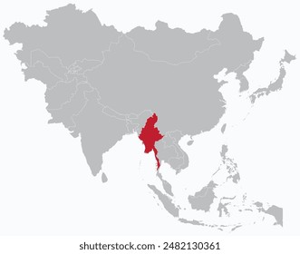 Mapa rojo resaltado de MYANMAR dentro del mapa político en blanco detallado gris de Asia sobre fondo azul claro, sin Oriente Medio y Rusia