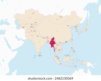 Mapa rojo resaltado de MYANMAR dentro del mapa político detallado rojo claro de Asia usando proyección ortográfica sobre fondo blanco y azul