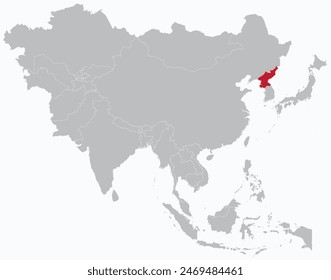 Mapa rojo resaltado de COREA DEL NORTE dentro del mapa político en blanco gris detallado de Asia sobre fondo azul claro, sin Oriente Medio y Rusia