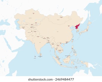 Mapa rojo resaltado de COREA DEL NORTE dentro del mapa político detallado rojo claro de Asia usando proyección ortográfica sobre fondo blanco y azul