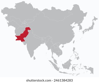 Mapa rojo resaltado de PAKISTÁN dentro del mapa político en blanco detallado en gris de Asia sobre fondo azul claro, sin el Medio Oriente y Rusia