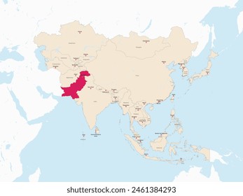 Mapa rojo resaltado de PAKISTÁN dentro del mapa político detallado rojo claro de Asia usando proyección ortográfica sobre fondo blanco y azul