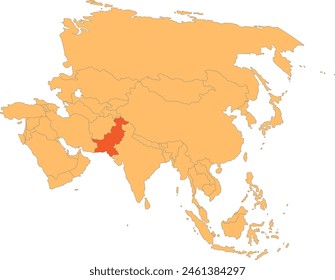 Highlighted red map of PAKISTAN inside orange detailed political map of Asia using orthographic projection on transparent background