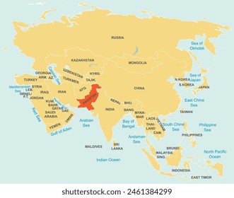Highlighted red map of PAKISTAN inside orange detailed tagged map of Asia using orthographic projection on blue background