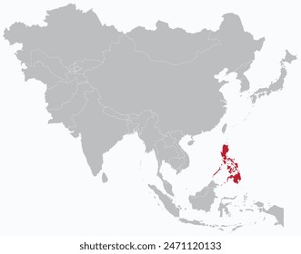 Mapa rojo resaltado de FILIPINAS dentro del mapa político en blanco y gris de Asia en fondo azul claro, sin Oriente Medio ni Rusia