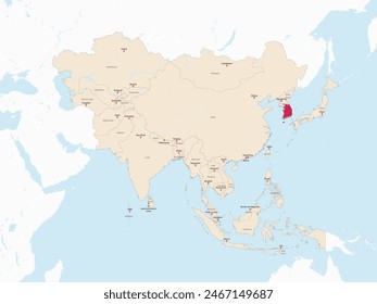 Mapa rojo resaltado de COREA DEL SUR dentro de luz roja mapa político detallado de Asia usando proyección ortográfica sobre fondo blanco y azul