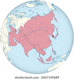Mapa rojo resaltado de COREA DEL SUR dentro del mapa político en blanco detallado y rojo de Asia usando la proyección ortográfica del globo