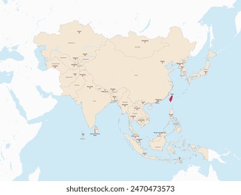 Mapa rojo resaltado de TAIWÁN dentro del mapa político detallado rojo claro de Asia usando proyección ortográfica sobre fondo blanco y azul