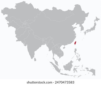 Mapa rojo resaltado de TAIWÁN dentro gris mapa político detallado en blanco de Asia sobre fondo azul claro, sin Oriente Medio y Rusia