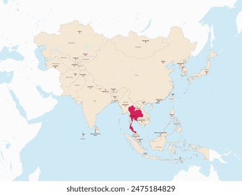 Mapa rojo resaltado de TAILANDIA dentro del mapa político detallado rojo claro de Asia usando proyección ortográfica sobre fondo blanco y azul