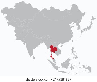 Mapa rojo resaltado de TAILANDIA dentro gris mapa político en blanco detallado de Asia sobre fondo azul claro, sin Oriente Medio y Rusia