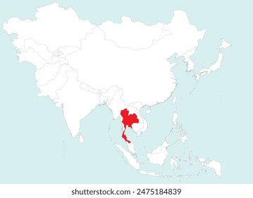 Highlighted red map of THAILAND inside white detailed blank political map of Asia on blue background, without the Middle East and Russia