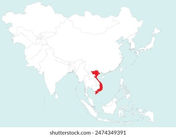 Highlighted red map of VIETNAM inside white detailed blank political map of Asia on blue background, without the Middle East and Russia