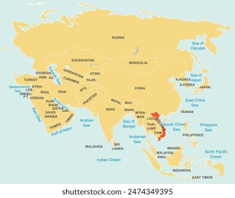 Mapa rojo resaltado de VIETNAM dentro de naranja detallado mapa etiquetado de Asia usando proyección ortográfica sobre fondo azul