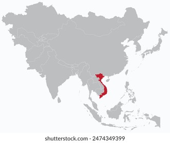 Mapa rojo resaltado de VIETNAM dentro gris mapa político detallado en blanco de Asia sobre fondo azul claro, sin Oriente Medio y Rusia