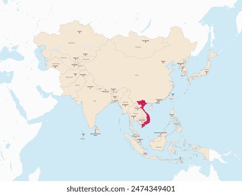 Mapa rojo resaltado de VIETNAM dentro del mapa político detallado rojo claro de Asia usando proyección ortográfica sobre fondo blanco y azul