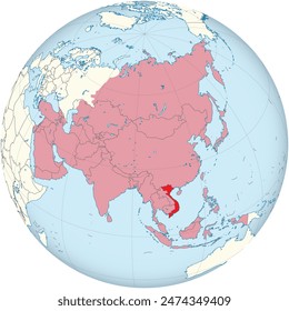 Hervorgehobene rote Karte von VIETNAM innerhalb roter detaillierter leerer politischer Karte von Asien mit orthografischer Projektion des Globus