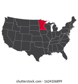 Highlighted red Minnesota map on the dark grey high detailed USA map isolated on the white background