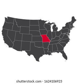 Highlighted red Missouri map on the dark grey high detailed USA map isolated on the white background