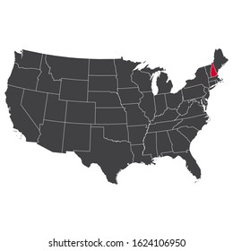 Highlighted red New Hampshire map on the dark grey high detailed USA map isolated on the white background