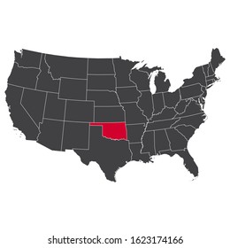 Highlighted red Oklahoma map on the dark grey high detailed USA map isolated on the white background
