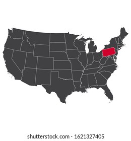 Highlighted red Pennsylvania map on dark grey high detailed USA map isolated on the white background