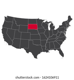 Highlighted red South Dakota map on the dark grey high detailed USA map isolated on the white background