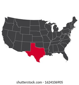 Highlighted red Texas map on the dark grey high detailed USA map isolated on the white background