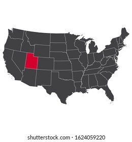 Highlighted red Utah map on the dark grey high detailed USA map isolated on the white background