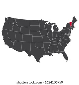 Highlighted red Vermont map on the dark grey high detailed USA map isolated on the white background