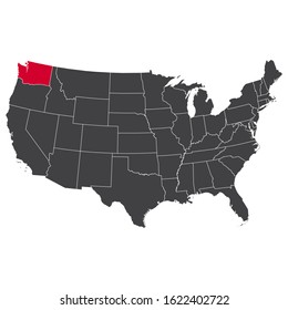 Highlighted red Washington map on the dark grey high detailed USA map isolated on the white background