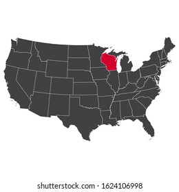Highlighted red Wisconsin map on the dark grey high detailed USA map isolated on the white background