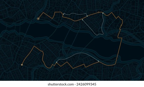 Highlighted route with multiple alternatives on city map for projects related to guides, routes, and route planning. Vector illustration of a city map with a high view design on black background.