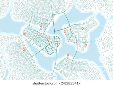 Ruta destacada con múltiples alternativas en el mapa de la ciudad para proyectos relacionados con guías, rutas y planificación de rutas. Ilustración vectorial de un mapa de la ciudad con un diseño de alta vista sobre fondo negro.