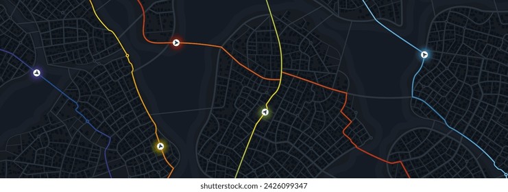 Rutas destacadas con múltiples alternativas en el mapa de la ciudad para proyectos relacionados con guías, rutas y planificación de rutas. Ilustración vectorial de un mapa de la ciudad con un diseño de alta vista sobre fondo negro.