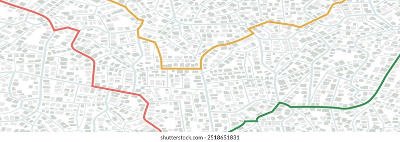 Rotas destacadas com várias alternativas no mapa da cidade para projetos relacionados a guias, rotas e planejamento de rotas. Ilustração vetorial de um mapa da cidade com um design de alta vista sobre fundo preto.