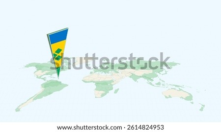 Highlighted Saint Vincent and the Grenadines on Global Map with 3D Flag Location Pin of Saint Vincent and the Grenadines. The image symbolizes travel, geography and global navigation.