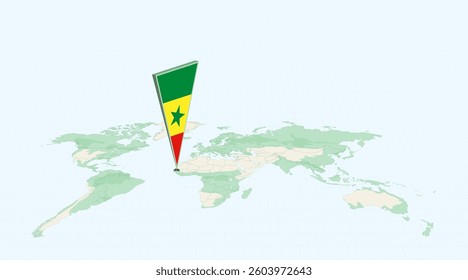 Highlighted Senegal on Global Map with 3D Flag Location Pin of Senegal. The image symbolizes travel, geography, international identity, and global navigation.