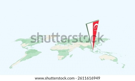 Highlighted Singapore on Global Map with 3D Flag Location Pin of Singapore. The image symbolizes travel, geography, international identity, and global navigation.