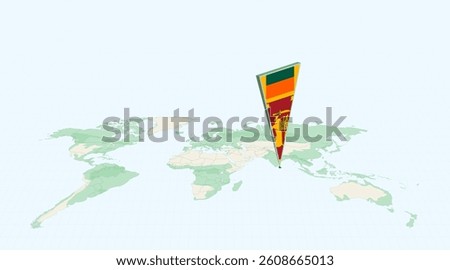 Highlighted Sri Lanka on Global Map with 3D Flag Location Pin of Sri Lanka. The image symbolizes travel, geography, international identity, and global navigation.