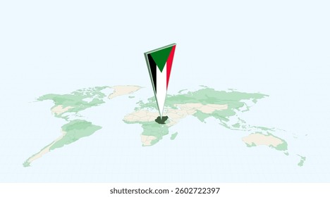 Highlighted Sudan on Global Map with 3D Flag Location Pin of Sudan. The image symbolizes travel, geography, international identity, and global navigation.
