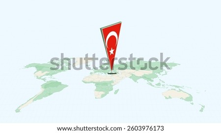 Highlighted Turkey on Global Map with 3D Flag Location Pin of Turkey. The image symbolizes travel, geography, international identity, and global navigation.