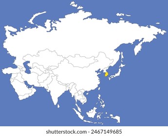 Gelbe Karte von SÜDKOREA innerhalb der weißen politischen Karte Asiens mit orthografischer Projektion auf dunkelblauem Hintergrund hervorgehoben