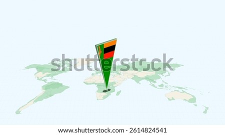 Highlighted Zambia on Global Map with 3D Flag Location Pin of Zambia. The image symbolizes travel, geography, international identity, and global navigation.