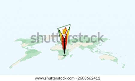 Highlighted Zimbabwe on Global Map with 3D Flag Location Pin of Zimbabwe. The image symbolizes travel, geography, international identity, and global navigation.