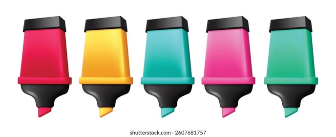 Highlighter 3d pen clipart icon set. Colorful marker pen clip art collection for school and office educational tool learning equipment in white background vector illustration.
