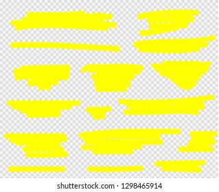 Highlighter brush set. Vector hand drawn yellow highlight marker stripes.