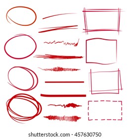 highlighter circles and rectangles, abstract doodle writing design, red pen lines, underlines